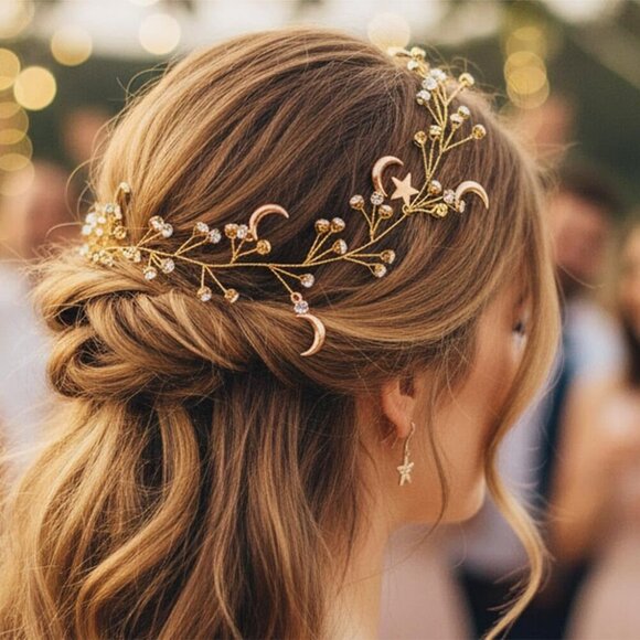 Star Rhinestone Hair Vine Bridal Headband Crystal Moon Wedding Hair Accessory - Picture 7 of 8